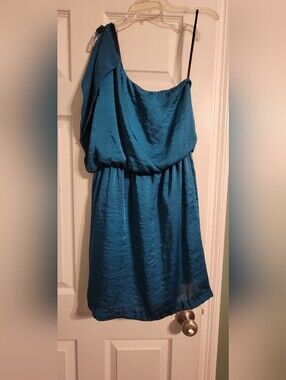 Iz Byer Teal One-Shoulder Satin-Look Dress